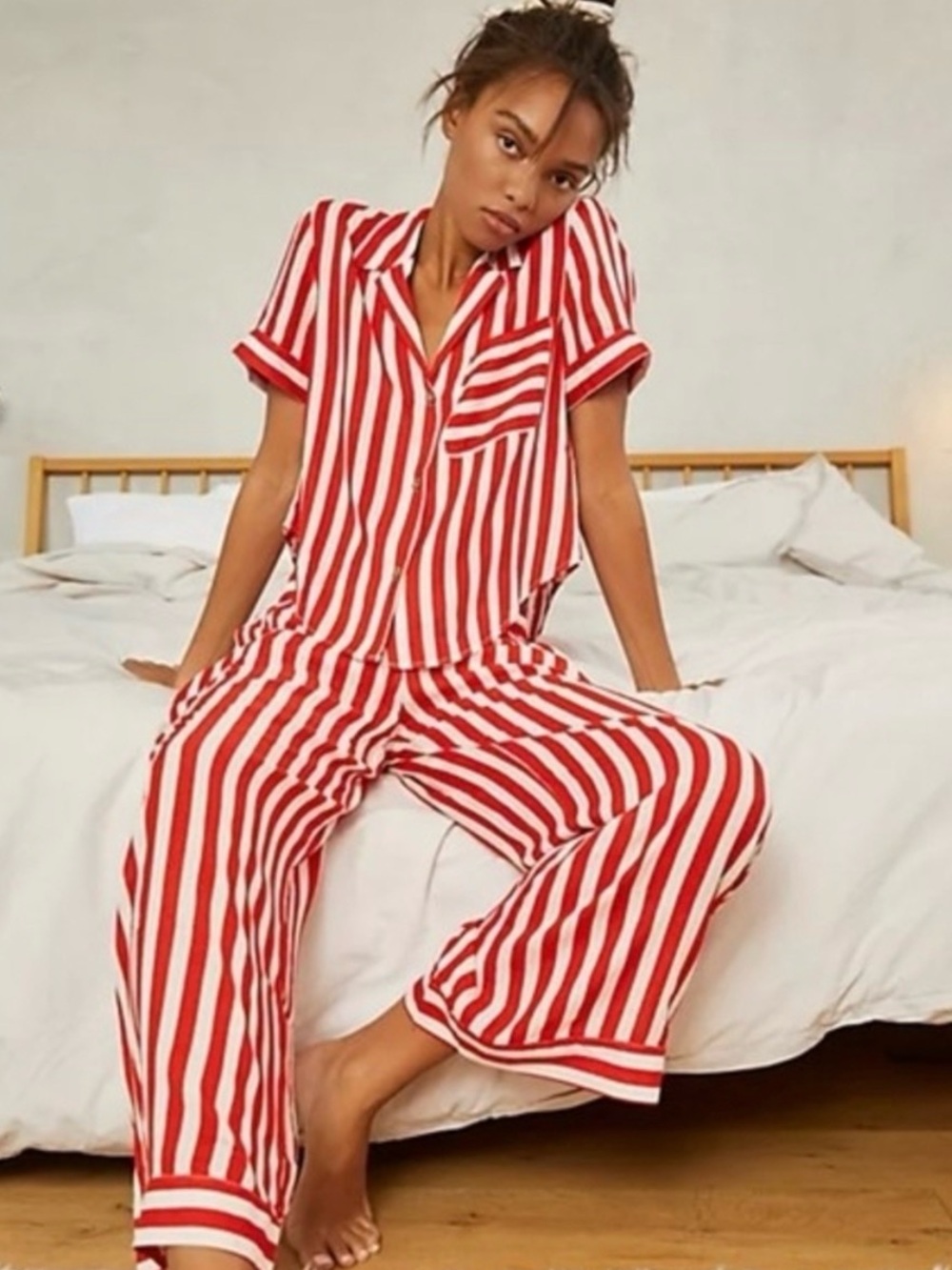 Free People Intimately Shiny Nights Red White Candy Stripe Wide Leg Pajama Pants